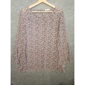 Indigo Soul Women's Size Large Pink Floral Bell Sleeve Sheer Boho Blouse